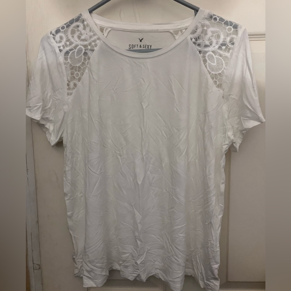 American Eagle AE Soft & Sexy Lace Short Sleeve Shirt White Large NWT
